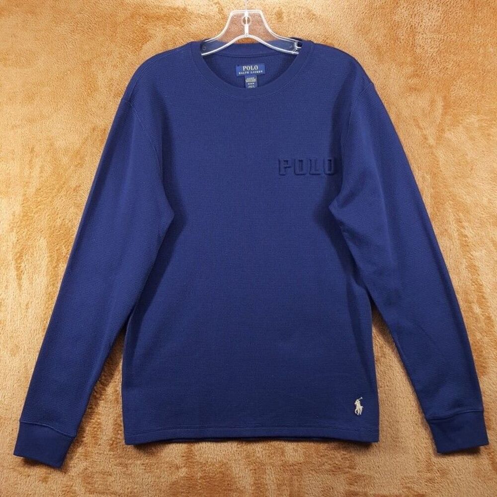 POLO Shirt Mens Medium Blue Pullover Crew Thermal Long Sleeve Raised Logo Pony